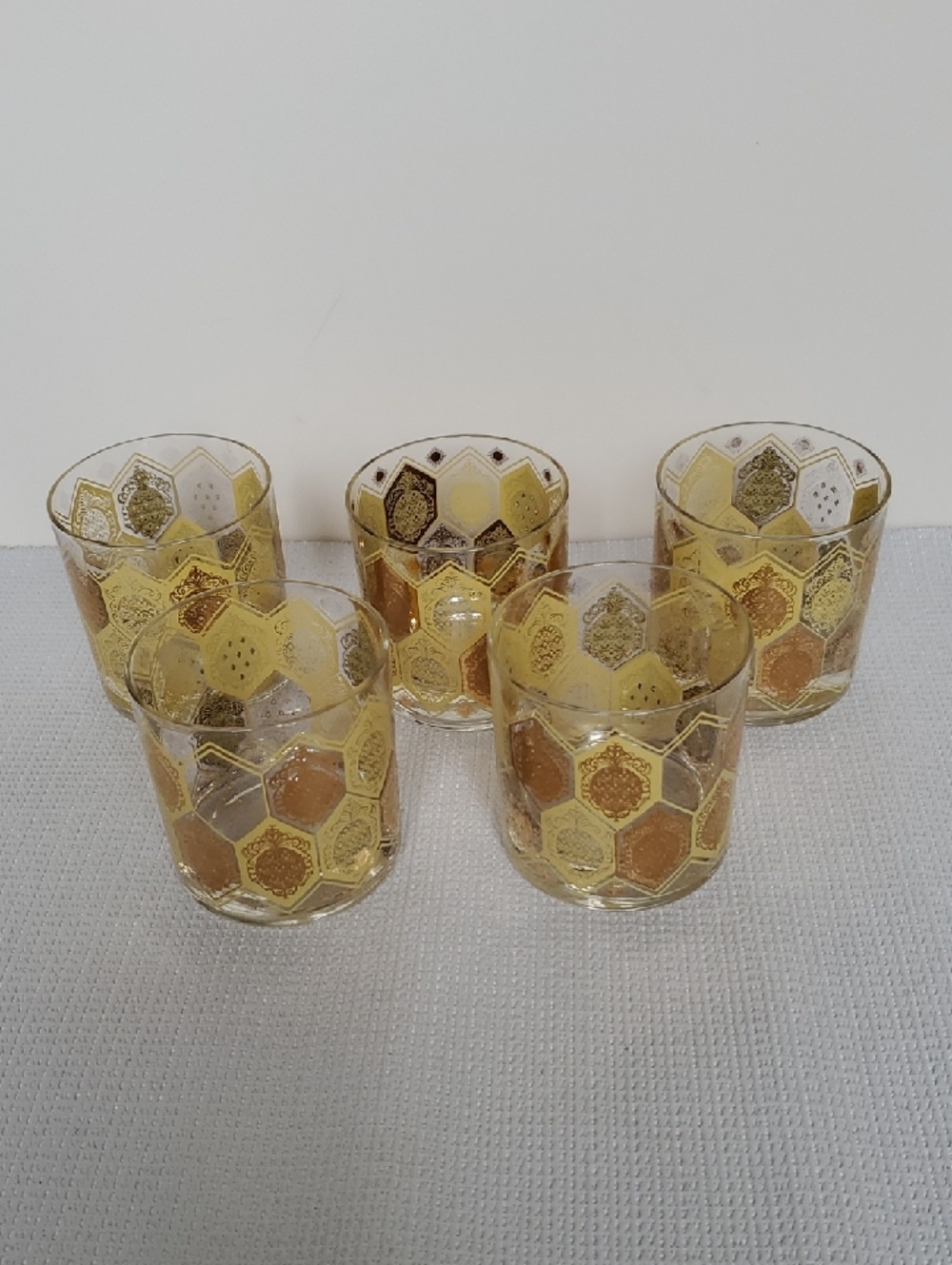 Vintage Ned Harris Cera Gold Pineapple Glasses Lowball Whiskey - Set of 5